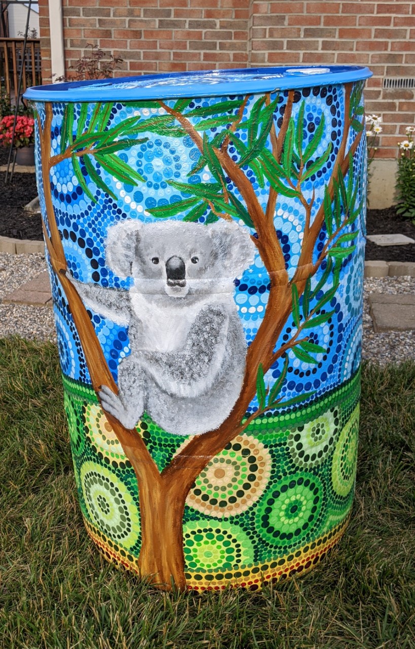 Rain barrel with koala